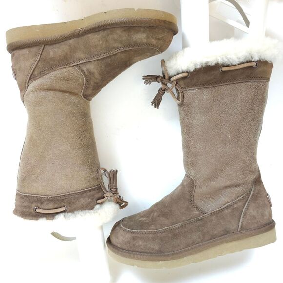 UGG Women’s Suburb Sweater Boots Brown Suede Sheepskin Tassel Mid Calf Size 5 - Picture 3 of 10